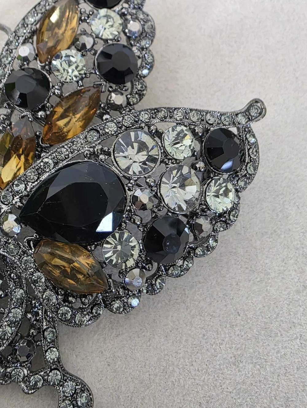 Statement Gunmetal Silver Butterfly Brooch Pin / Pendant Black & Amber Crystals